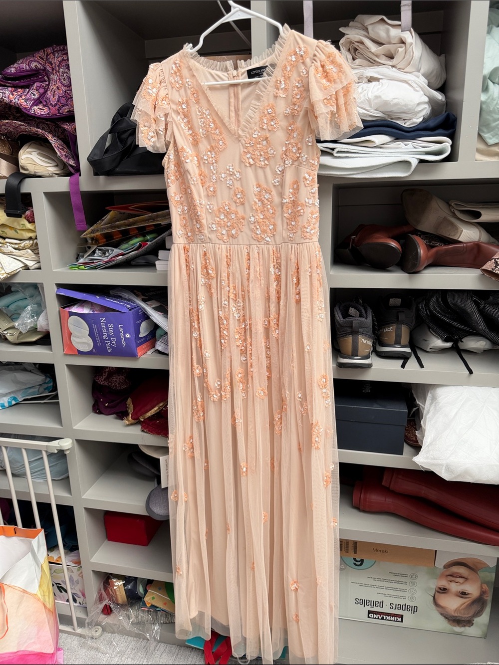 Little Mistress Peach Tulle Floral Embroidered Maxi Dress